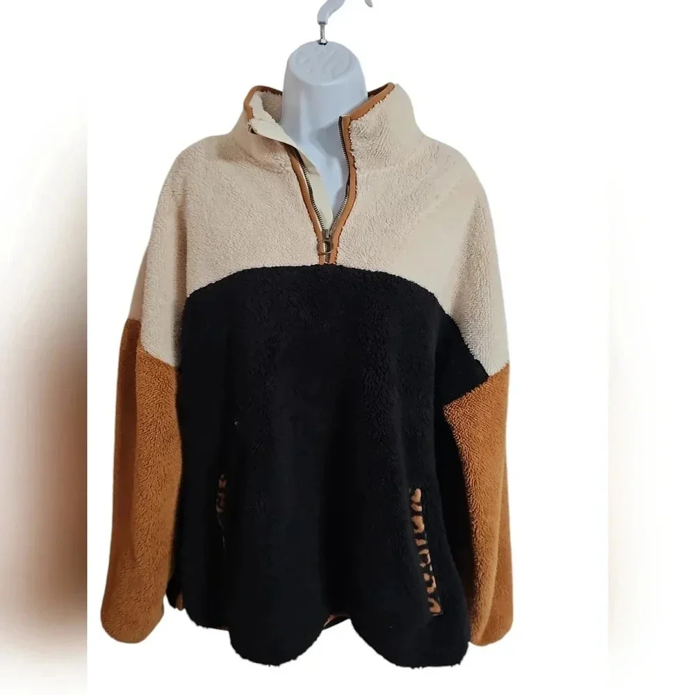 Time And Tru Colorblock Sherpa Fleece Pullover Quarter Zip Leopard Trim XL Cozy - Picture 2 of 7